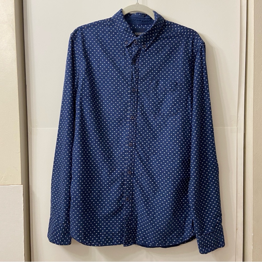 Scotch & Soda Navy Blue Button-Down Shirt with White Microprint